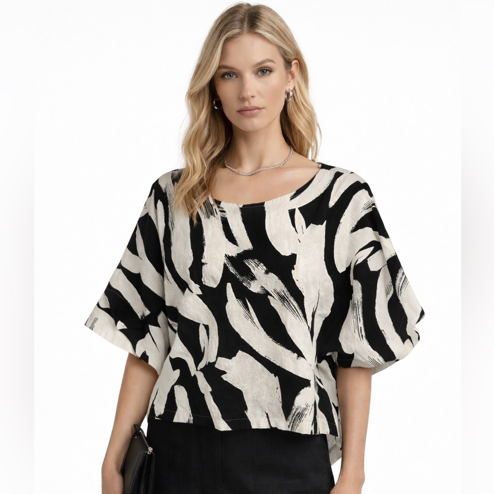 DKNY Linen Blend Top Brushstroke Novelty Print Blouse Womens XL Modern Boxy Art